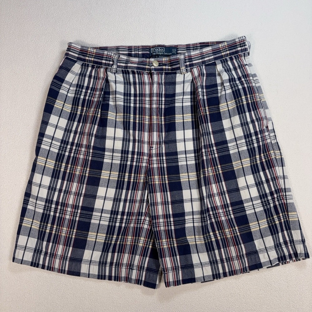 Polo Ralph Lauren Tyler 8" Shorts Men's 34 Navy White Madras Plaid 100% Cotton